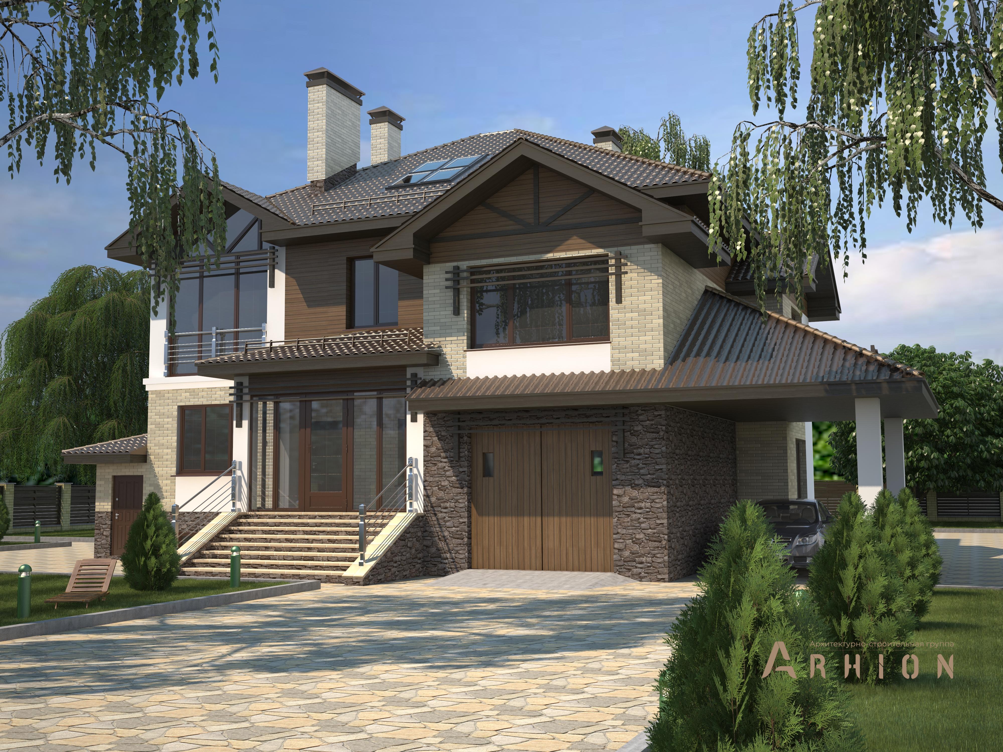 1. Проект двухэтажного дома в английском стиле с многоскатной кровлей, T-29, площадью - 456 кв c цокольным этажом, мансардой, терассой, гаражом, эркером, вторым светом