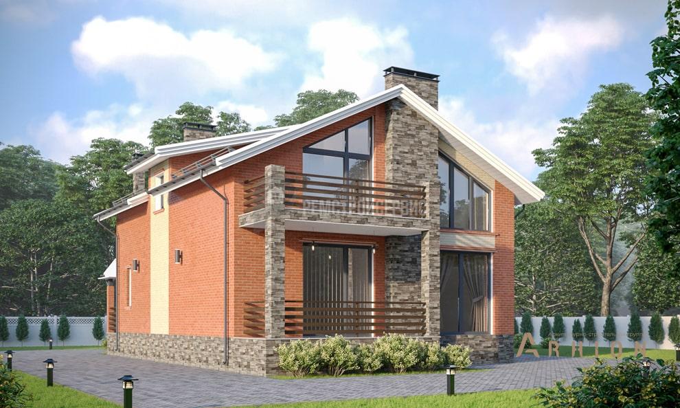 1. Проект одноэтажного дома в европейском стиле с двускатной кровлей, t-32-01, площадью - 155 кв c мансардой, терассой, балконом