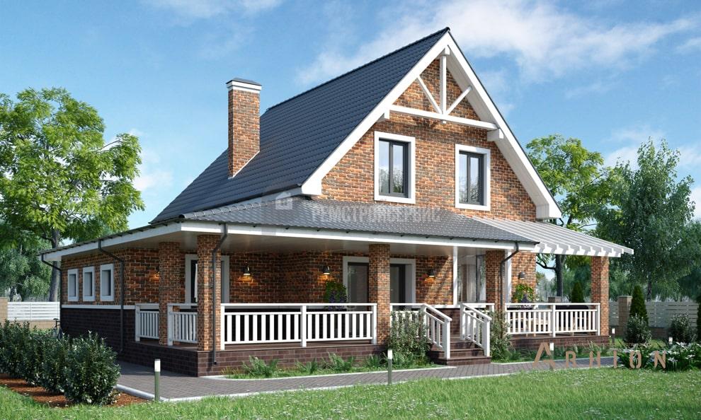 1. Проект одноэтажного дома в европейском стиле с двускатной кровлей, t-34-01, площадью - 152 кв c мансардой, терассой, гаражом