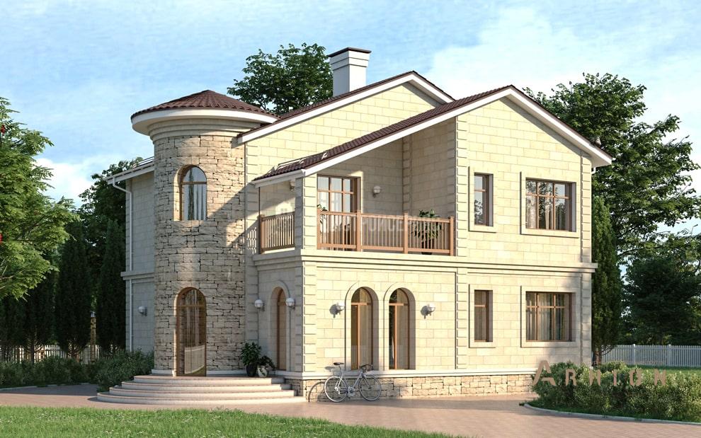 1. Проект одноэтажного дома в европейском стиле с двускатной кровлей, t-36-01, площадью - 193 кв c мансардой, балконом, эркером