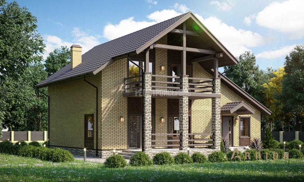 1. Проект одноэтажного дома в стиле шале с двускатной кровлей, t-37-01, площадью - 150 кв c мансардой, терассой, балконом, гаражом