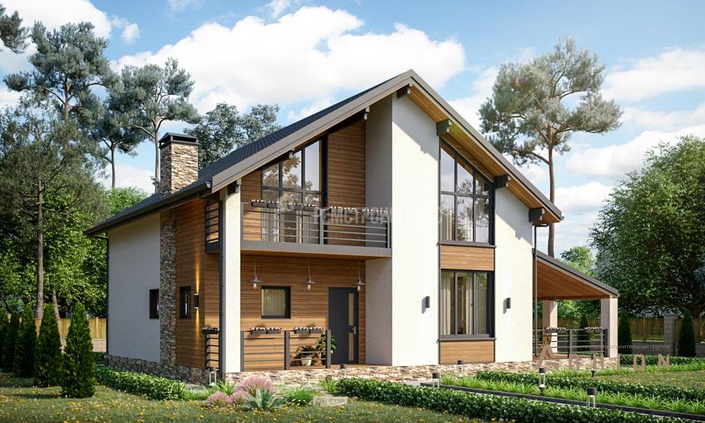 1. Проект одноэтажного дома в стиле шале с двускатной кровлей, t-38-01, площадью - 176 кв c мансардой, терассой, балконом