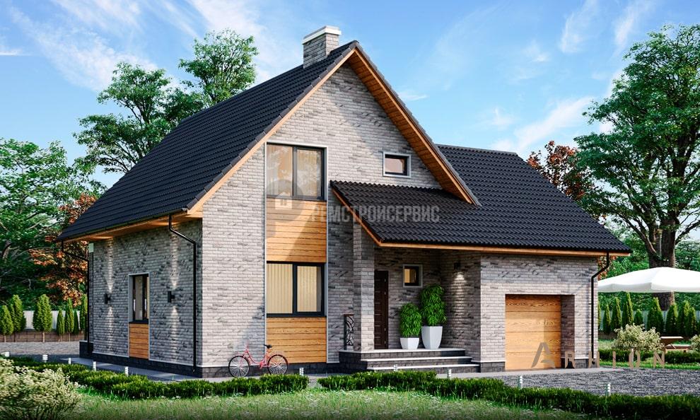 1. Проект одноэтажного дома в европейском стиле с двускатной кровлей, t-43-01, площадью - 153 кв c мансардой, терассой, гаражом