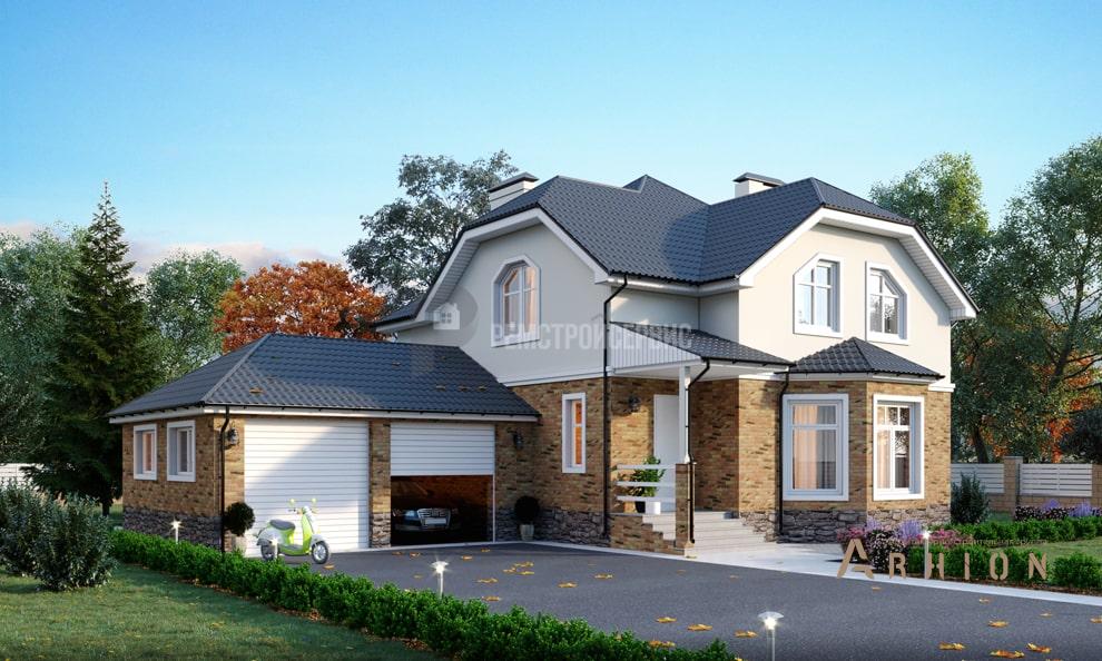 1. Проект одноэтажного дома в европейском стиле с многоскатной кровлей, t-44-01, площадью - 263 кв c цокольным этажом, мансардой, терассой, гаражом