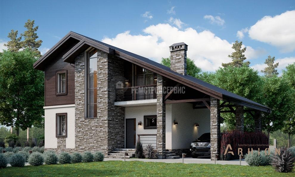 1. Проект одноэтажного дома в финском стиле с двускатной кровлей, t-46-01, площадью - 143 кв c мансардой, терассой, балконом