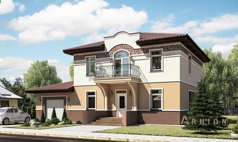 1. Проект двухэтажного дома в немецком стиле с четырехскатной, t-48-01, площадью - 205 кв c терассой, балконом, гаражом