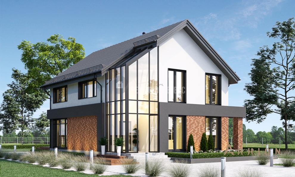 1. Проект одноэтажного дома в финском стиле с двускатной кровлей, t-49-01, площадью - 153 кв c мансардой, терассой