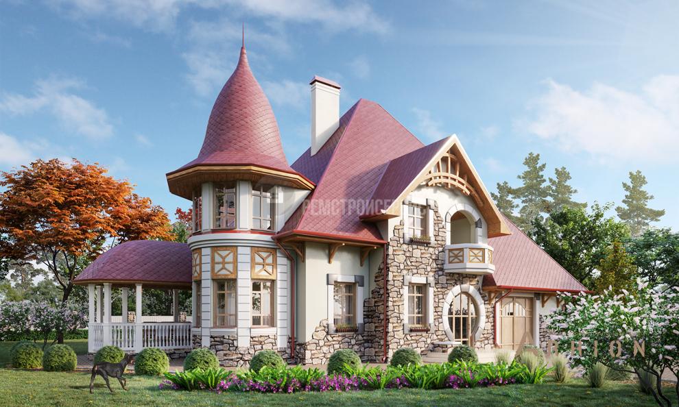 1. Проект одноэтажного дома в замковом стиле с многоскатной кровлей, t-50-01, площадью - 182 кв c мансардой, терассой, балконом, гаражом, эркером