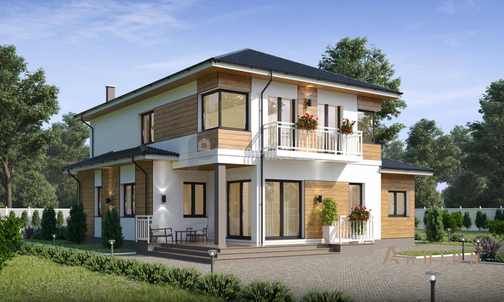 1. Проект двухэтажного дома в немецком стиле с четырехскатной, t-52-01, площадью - 195 кв c терассой, балконом