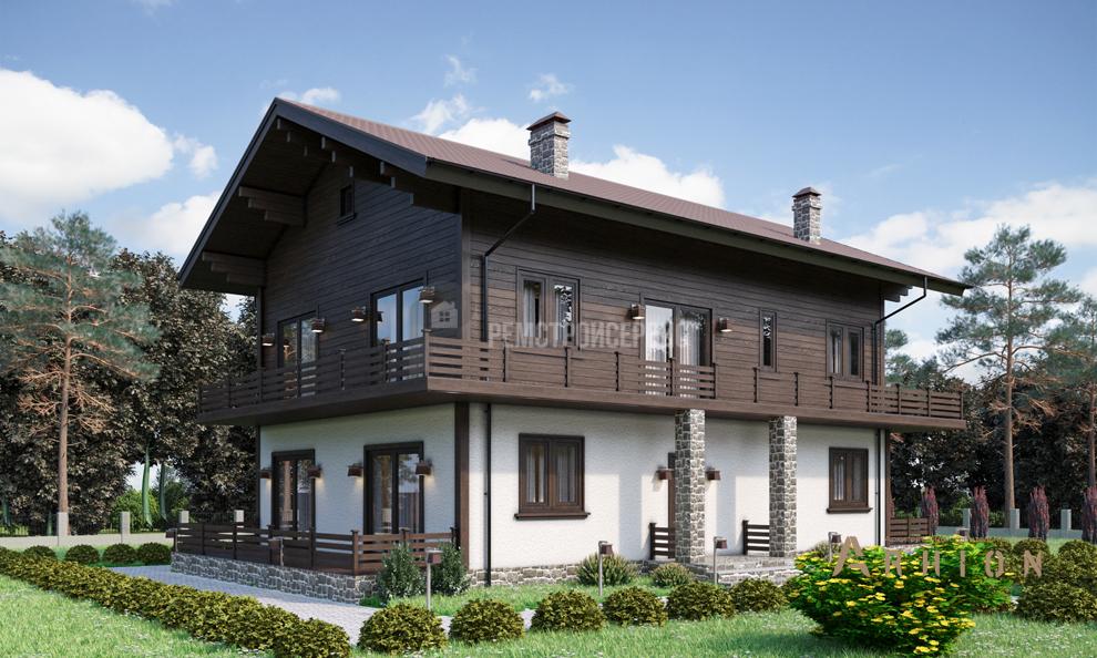 1. Проект двухэтажного дома в европейском стиле с двускатной кровлей, t-53-01, площадью - 161 кв c терассой, балконом