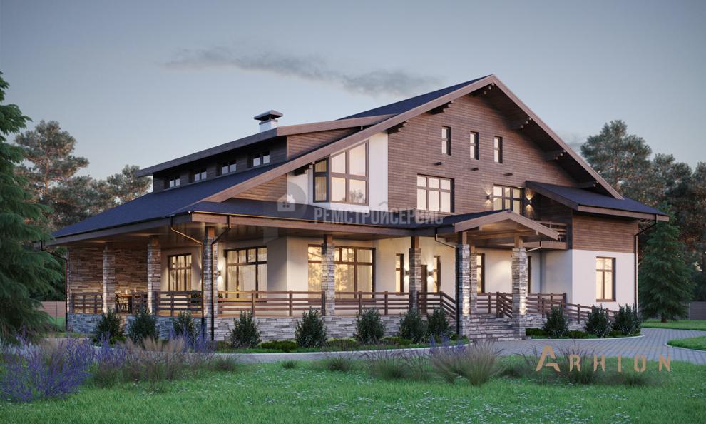 1. Проект одноэтажного дома в стиле шале с многоскатной кровлей, t-54-01, площадью - 508 кв c цокольным этажом, мансардой, сауной, терассой, балконом, бассейном