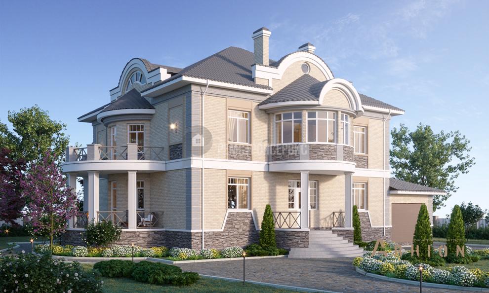 1. Проект двухэтажного дома в стиле модерн с многоскатной кровлей, t-55-01, площадью - 592 кв c цокольным этажом, мансардой, терассой, балконом, гаражом, эркером