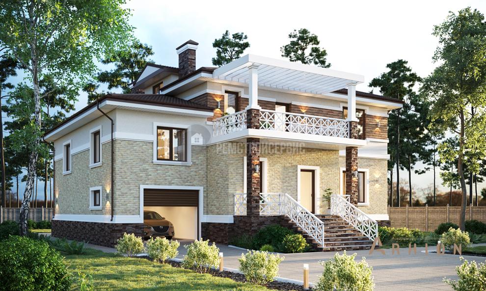 1. Проект двухэтажного дома в европейском стиле с многоскатной кровлей, t-59-01, площадью - 287 кв c терассой, балконом, гаражом