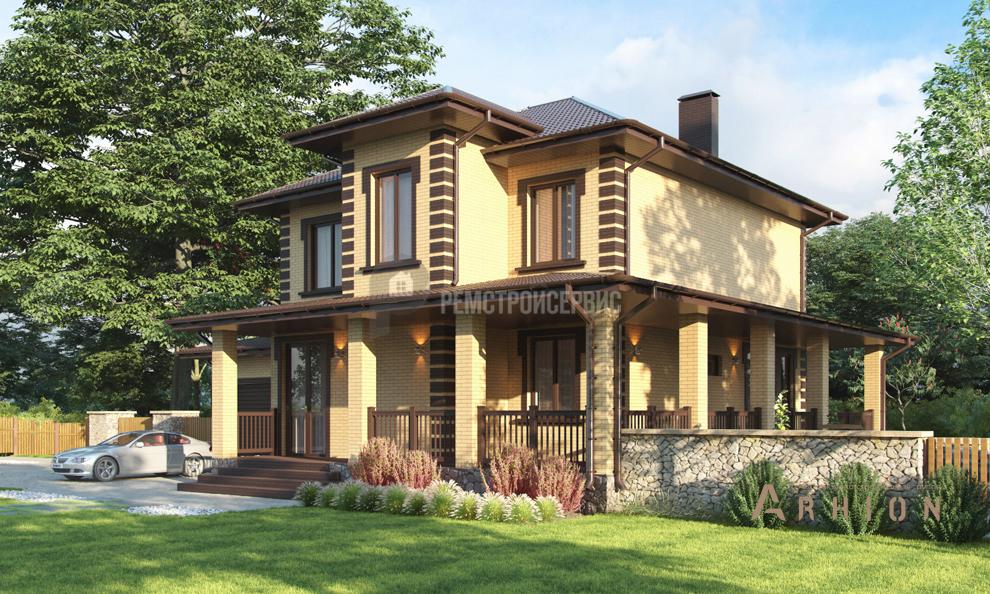 1. Проект двухэтажного дома в современном стиле с многоскатной кровлей, t-64-01, площадью - 196 кв c терассой, гаражом