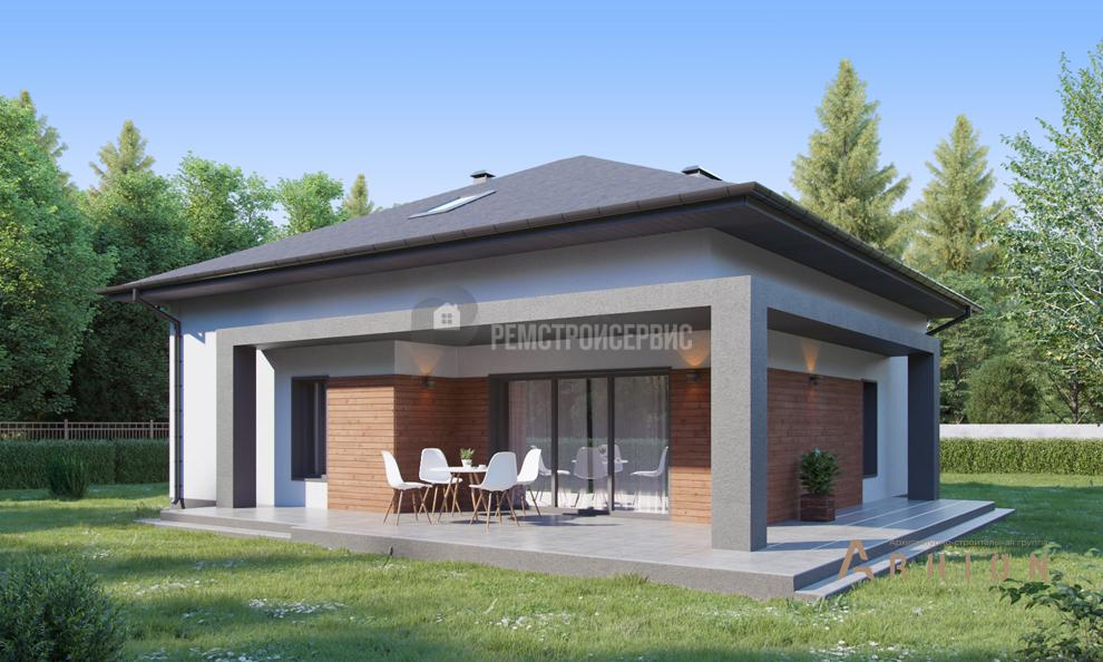 1. Проект одноэтажного дома в современном стиле с четырехскатной, t-65-01, площадью - 172 кв c мансардой, терассой