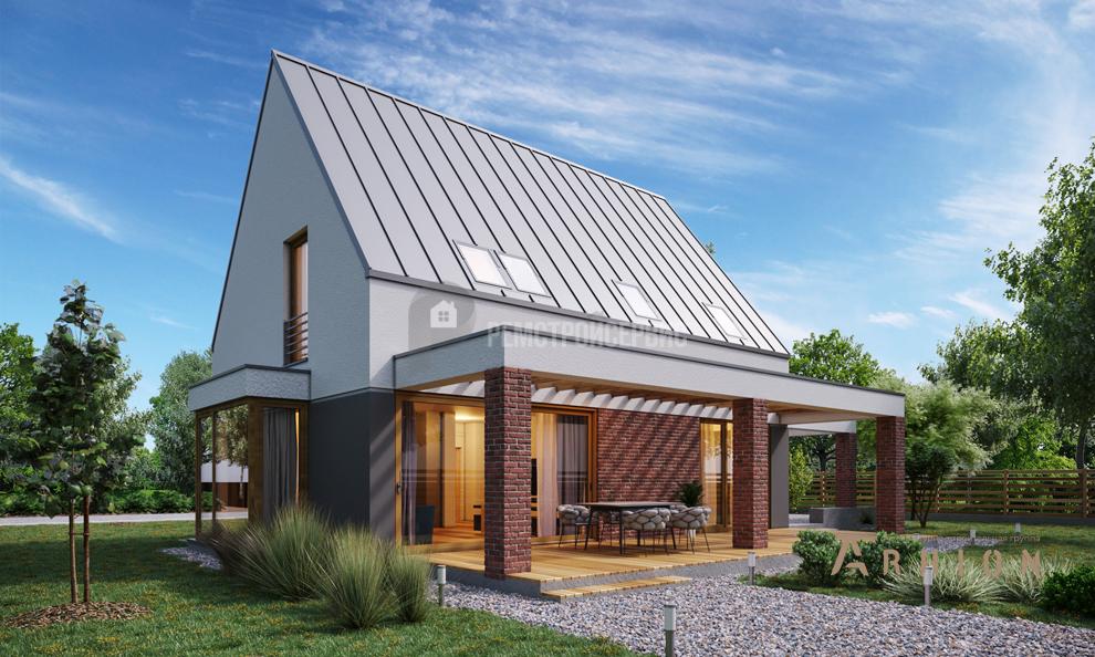 1. Проект одноэтажного дома в стиле барн с двускатной кровлей, t-67-01, площадью - 133 кв c мансардой, терассой