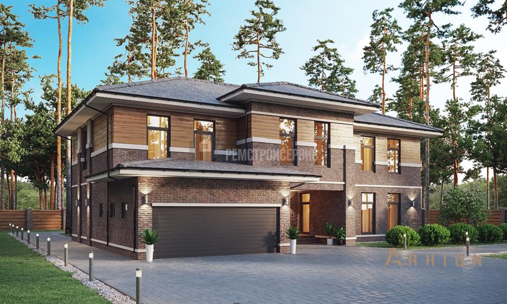 1. Проект двухэтажного дома в современном стиле с многоскатной кровлей, t-69-01, площадью - 420 кв c терассой, гаражом