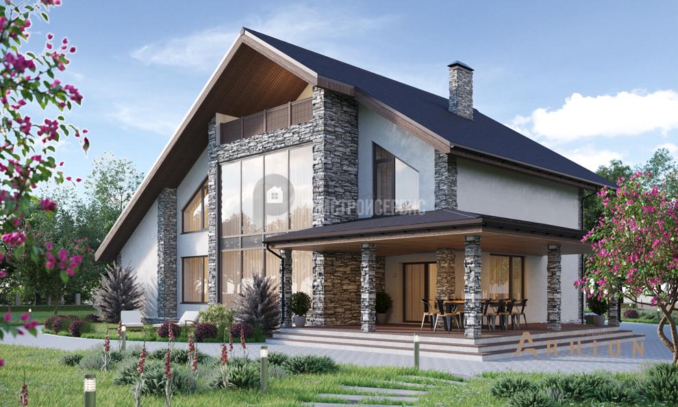 1. Проект одноэтажного дома в стиле шале с двускатной кровлей, t-82-01, площадью - 292 кв c мансардой, терассой, балконом, гаражом