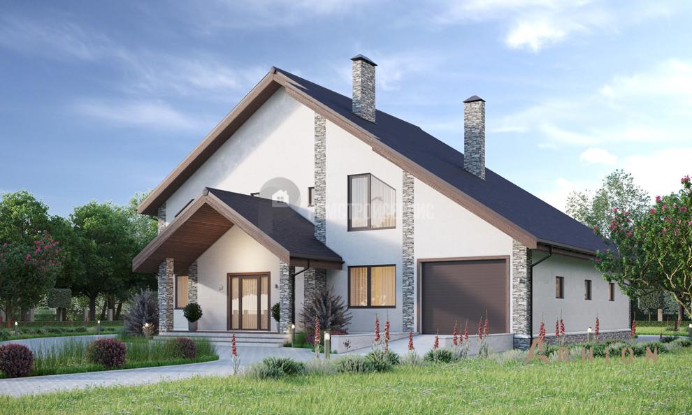 3. Проект одноэтажного дома в стиле шале с двускатной кровлей, t-82-01, площадью - 292 кв c мансардой, терассой, балконом, гаражом