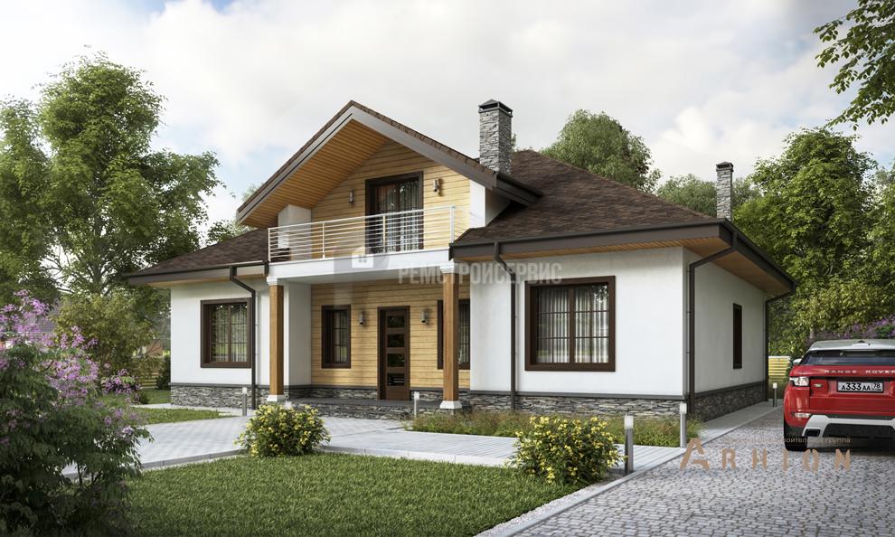 1. Проект одноэтажного дома в европейском стиле с четырехскатной, t-83-01, площадью - 195 кв c мансардой, терассой, балконом