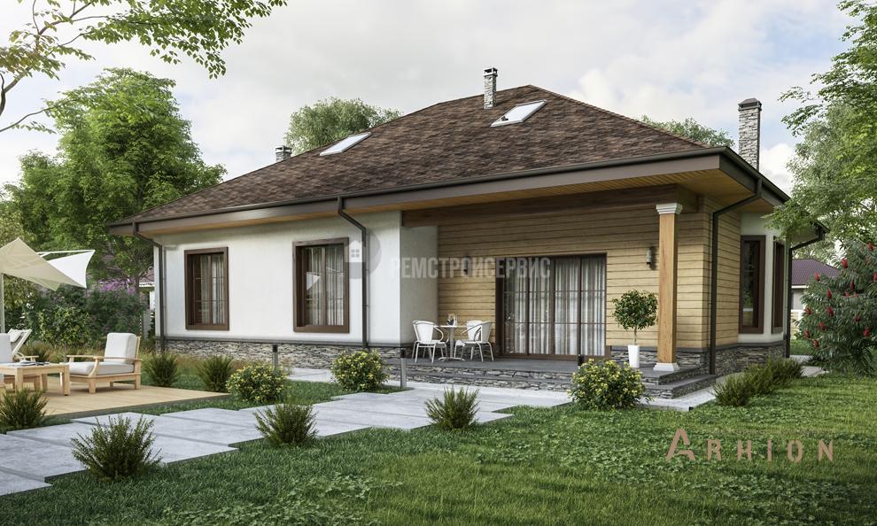 2. Проект одноэтажного дома в европейском стиле с четырехскатной, t-83-01, площадью - 195 кв c мансардой, терассой, балконом