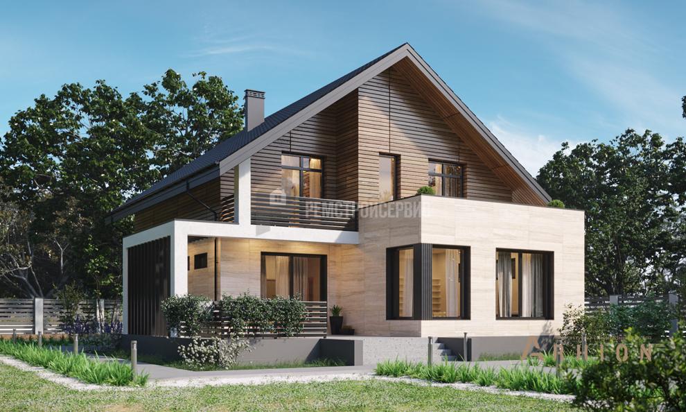 1. Проект одноэтажного дома в стиле шале с двускатной кровлей, t-87-01, площадью - 188 кв c мансардой, терассой, балконом