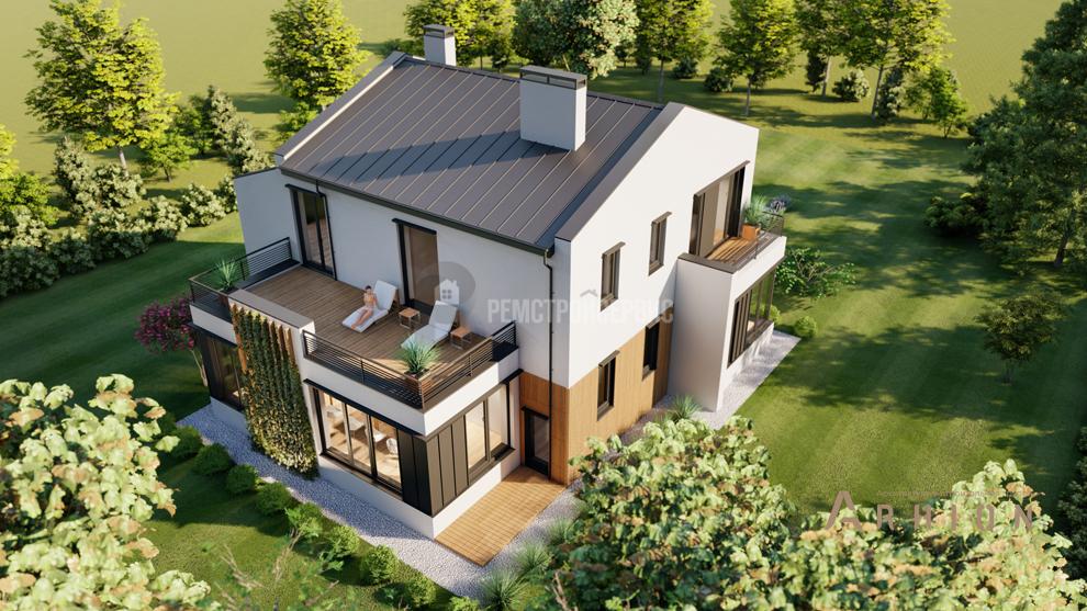 1. Проект двухэтажного дома в немецком стиле с двускатной кровлей, t-93-01, площадью - 217 кв c терассой