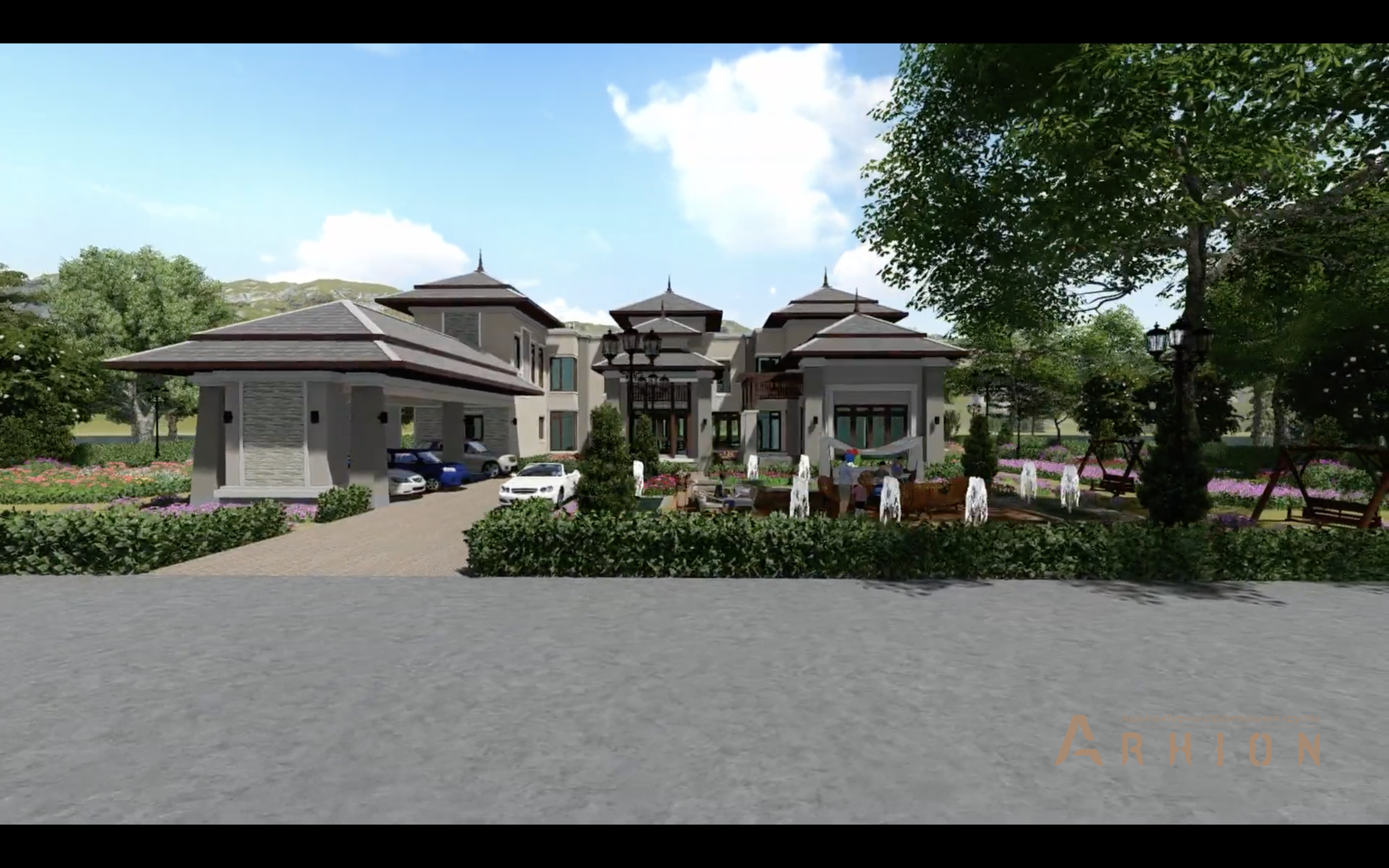 5. Проект двухэтажного дома в современном стиле с многоскатной кровлей, v-1000, площадью - 746 кв c терассой, балконом, бассейном