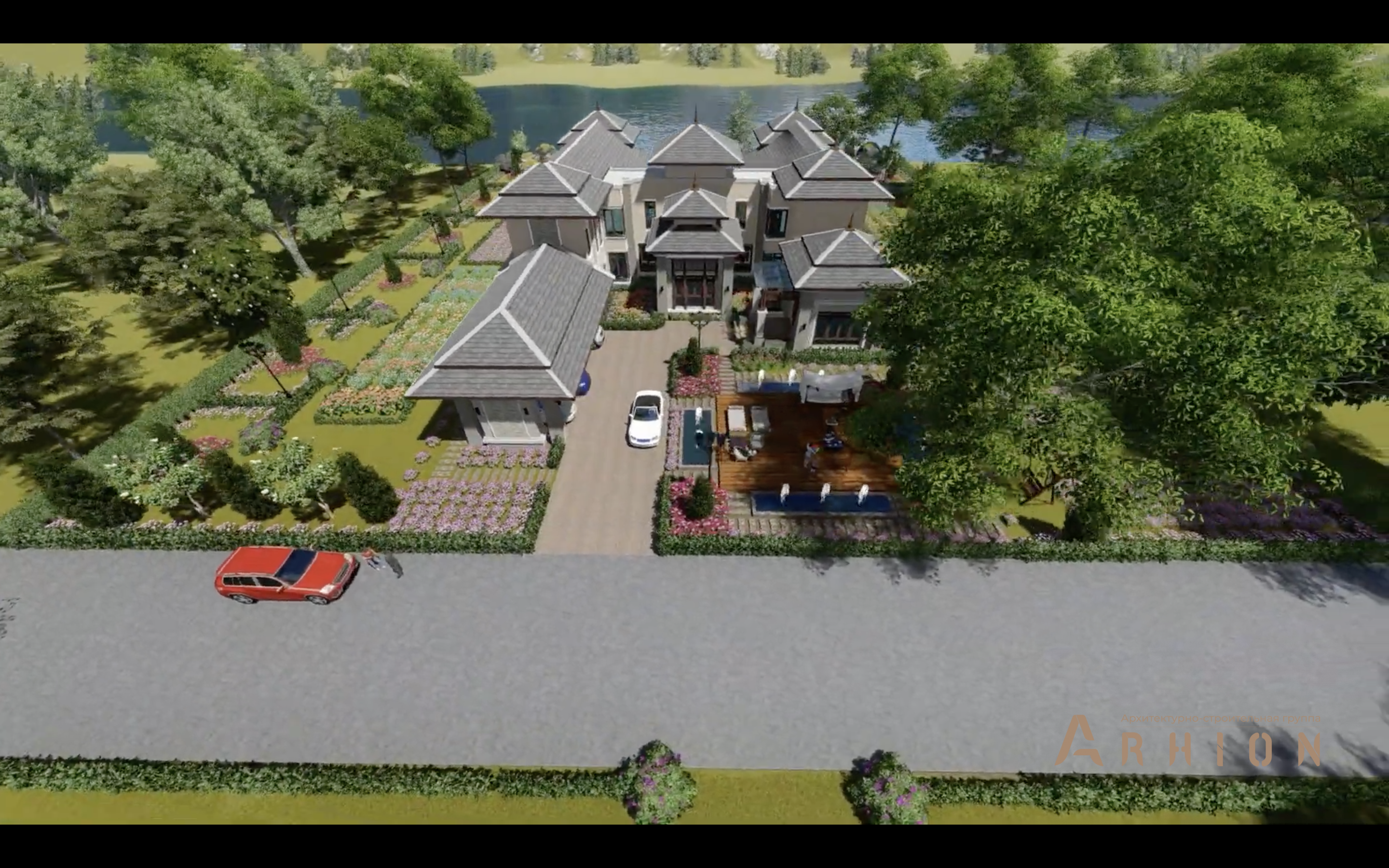 12. Проект двухэтажного дома в современном стиле с многоскатной кровлей, v-1000, площадью - 746 кв c терассой, балконом, бассейном