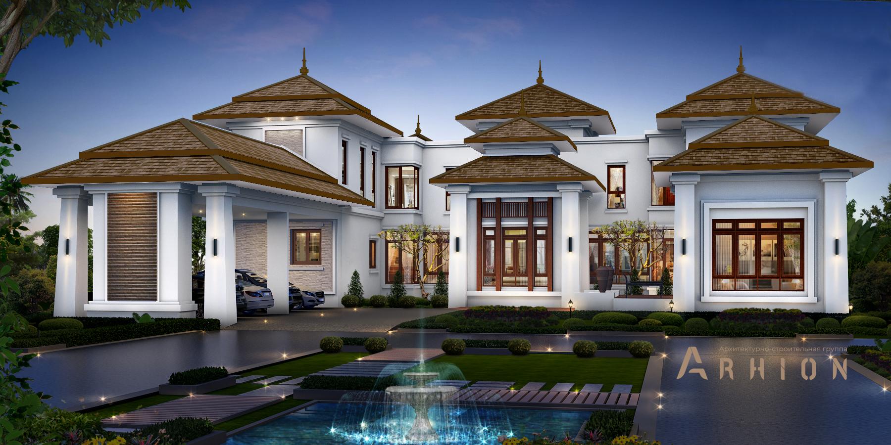 3. Проект двухэтажного дома в современном стиле с многоскатной кровлей, v-1000, площадью - 746 кв c терассой, балконом, бассейном