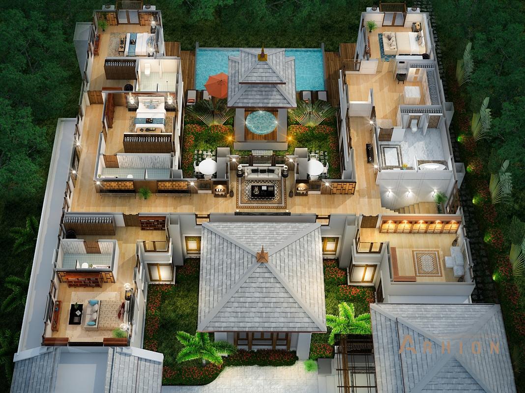 2. Проект двухэтажного дома в современном стиле с многоскатной кровлей, v-1000, площадью - 746 кв c терассой, балконом, бассейном