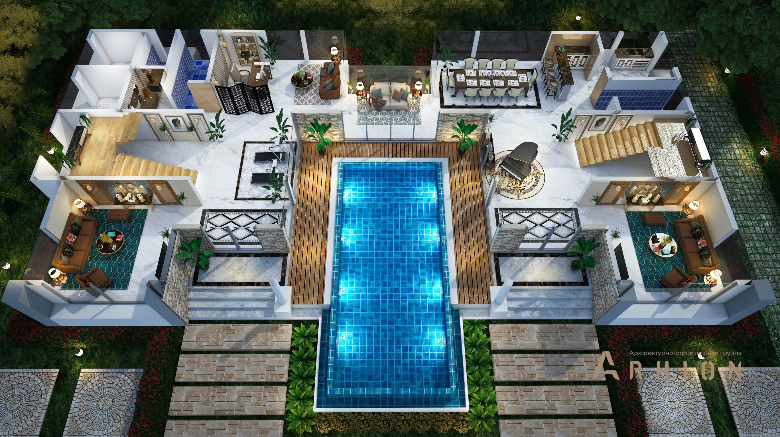 4. Проект трехэтажного дома в стиле хай-тек с плоской кровлей , v-1095, площадью - 945 кв c терассой, балконом, бассейном