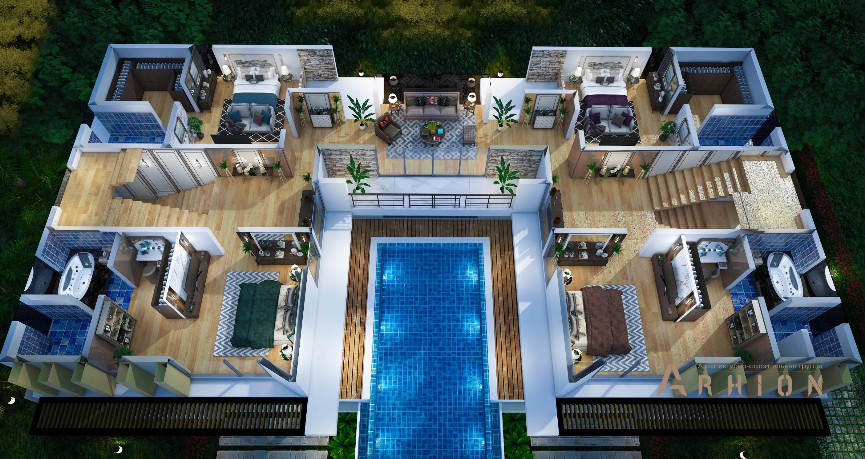 3. Проект трехэтажного дома в стиле хай-тек с плоской кровлей , v-1095, площадью - 945 кв c терассой, балконом, бассейном