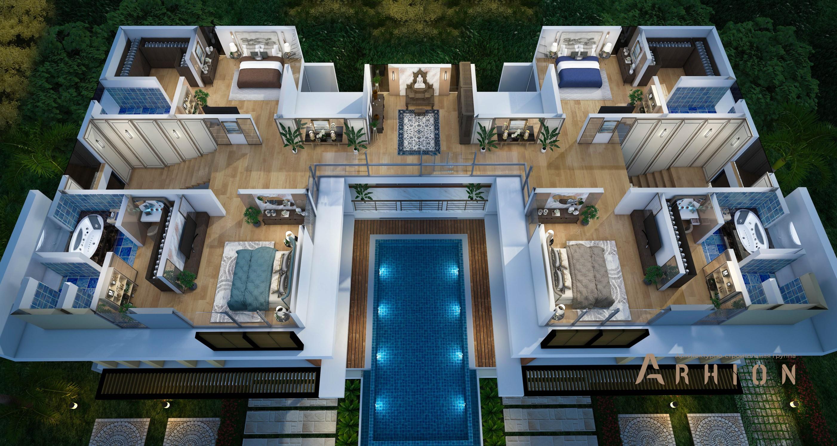 2. Проект трехэтажного дома в стиле хай-тек с плоской кровлей , v-1095, площадью - 945 кв c терассой, балконом, бассейном