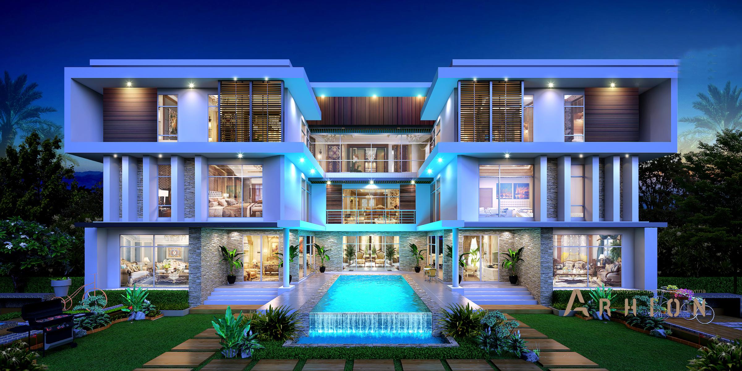 1. Проект трехэтажного дома в стиле хай-тек с плоской кровлей , v-1095, площадью - 945 кв c терассой, балконом, бассейном