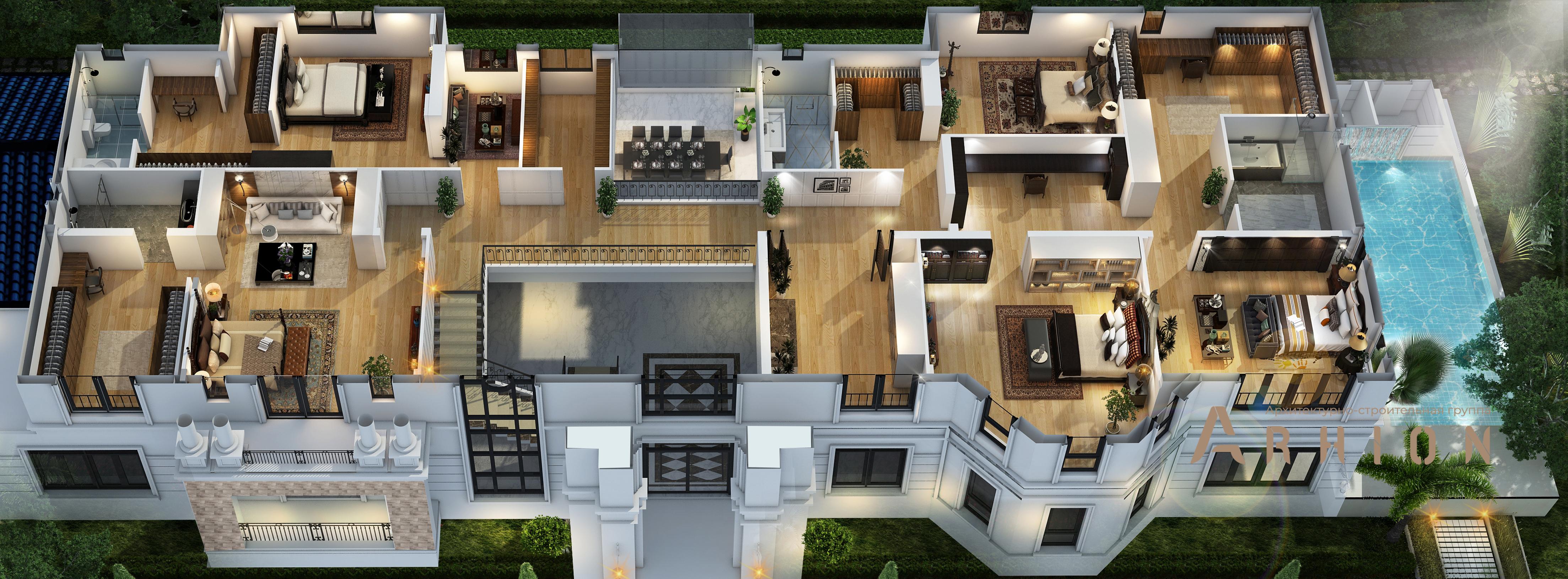 2. Проект двухэтажного дома в классическом стиле с многоскатной кровлей, v-1150, площадью - 1081 кв c мансардой, терассой, балконом, бассейном, эркером, вторым светом