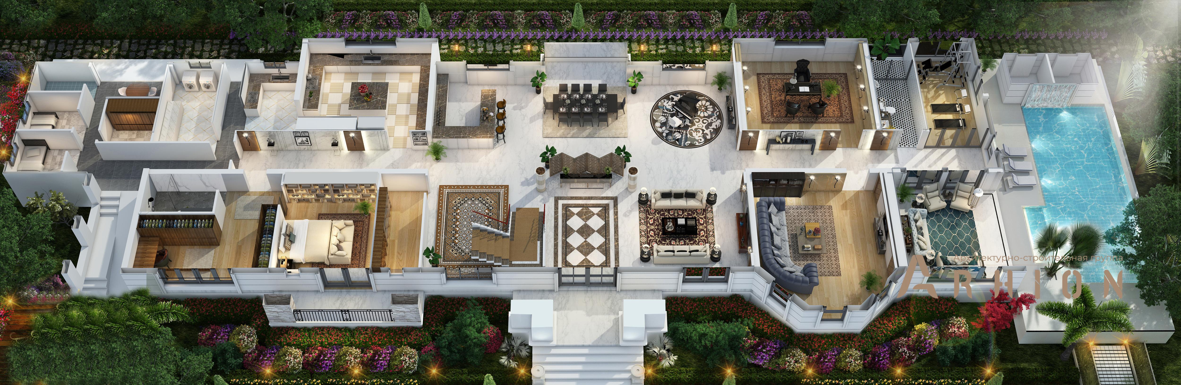 4. Проект двухэтажного дома в классическом стиле с многоскатной кровлей, v-1150, площадью - 1081 кв c мансардой, терассой, балконом, бассейном, эркером, вторым светом