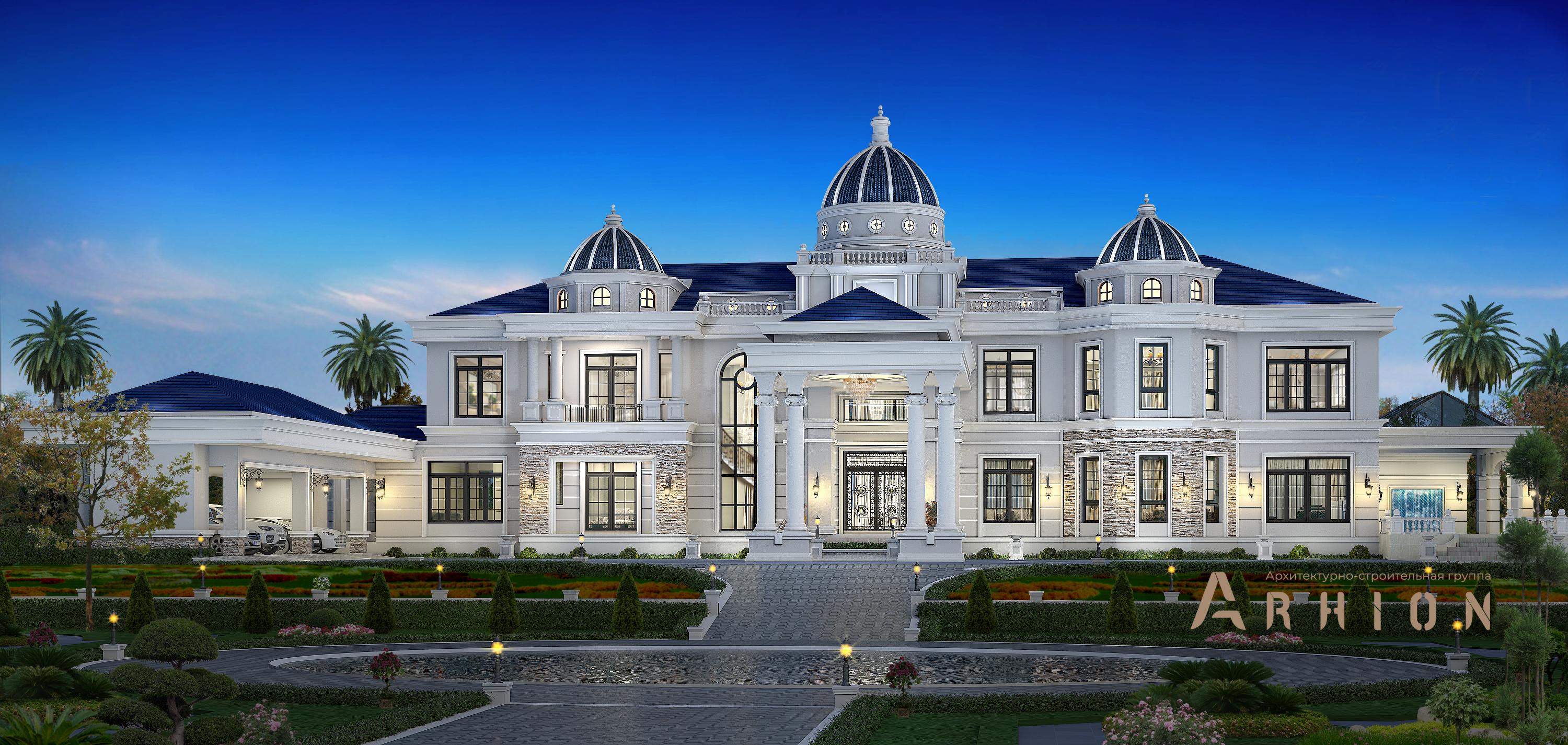 1. Проект двухэтажного дома в классическом стиле с многоскатной кровлей, v-1150, площадью - 1081 кв c мансардой, терассой, балконом, бассейном, эркером, вторым светом