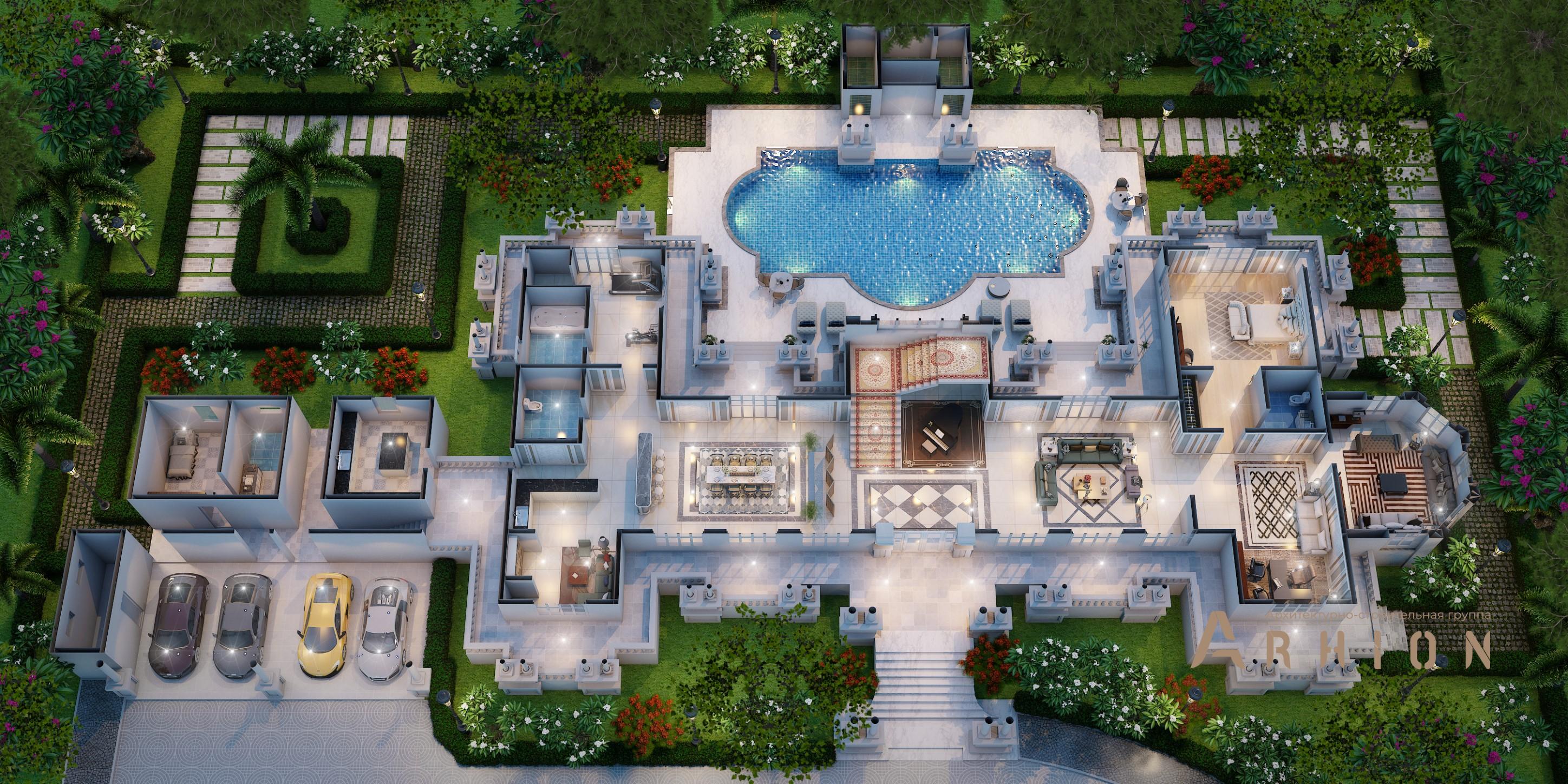 3. Проект двухэтажного дома в стиле барокко с четырехскатной, v-1200, площадью - 642 кв c терассой, балконом, гаражом, бассейном, эркером