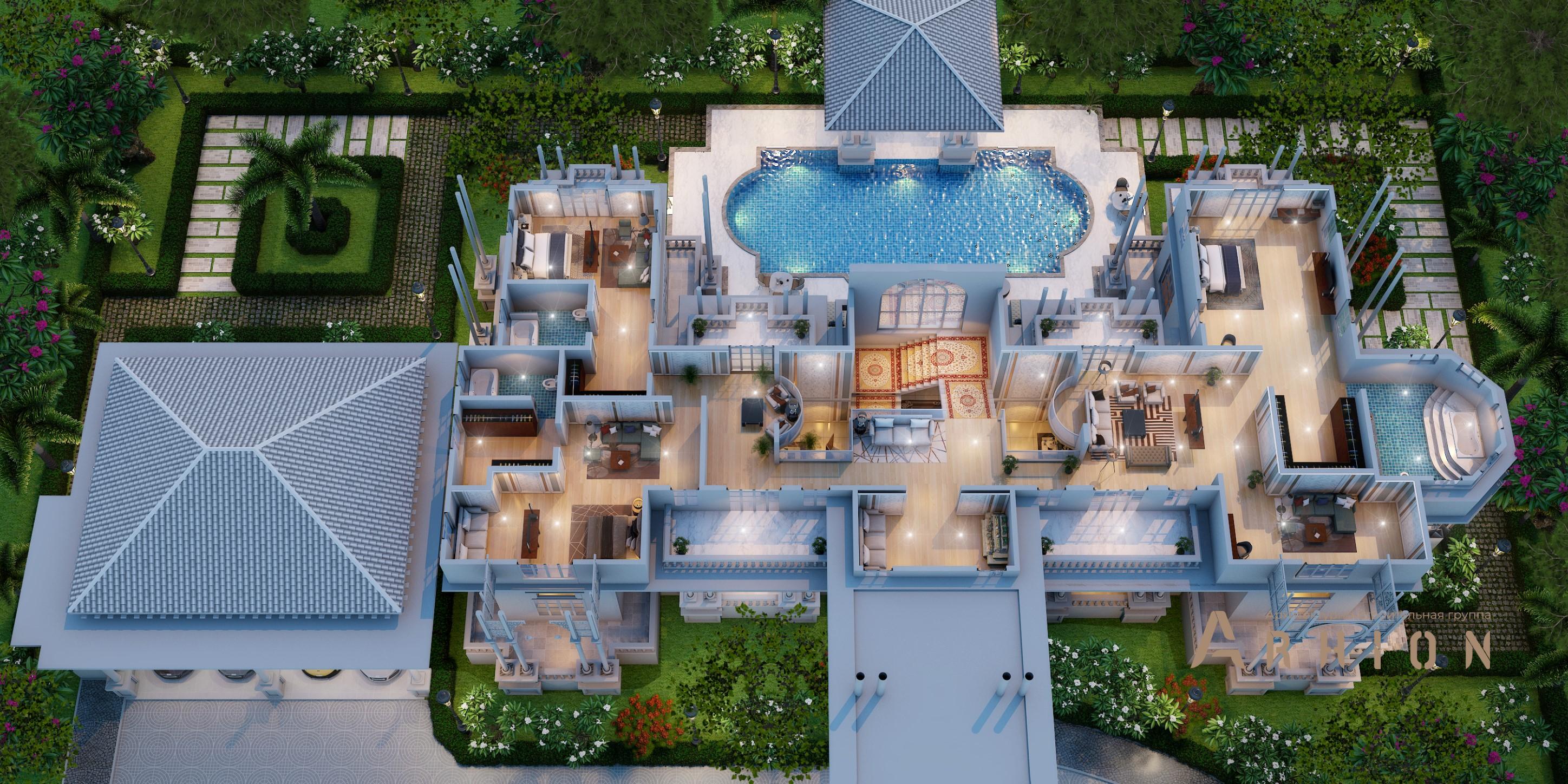 2. Проект двухэтажного дома в стиле барокко с четырехскатной, v-1200, площадью - 642 кв c терассой, балконом, гаражом, бассейном, эркером