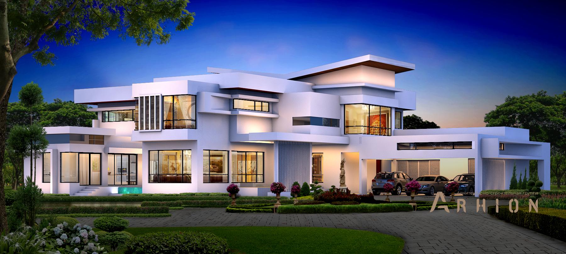 2. Проект двухэтажного дома в стиле хай-тек с плоской кровлей , v-1340, площадью - 983 кв c терассой, гаражом, бассейном