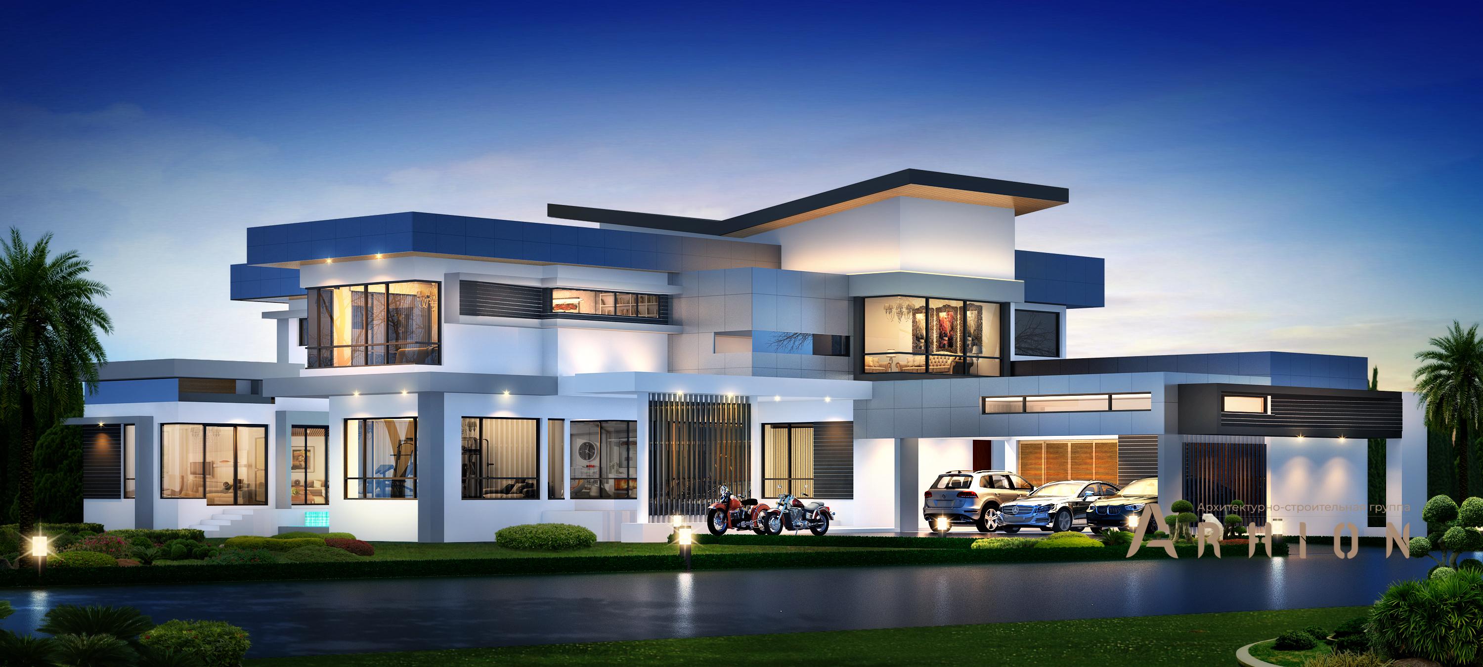 3. Проект двухэтажного дома в стиле хай-тек с плоской кровлей , v-1340, площадью - 983 кв c терассой, гаражом, бассейном