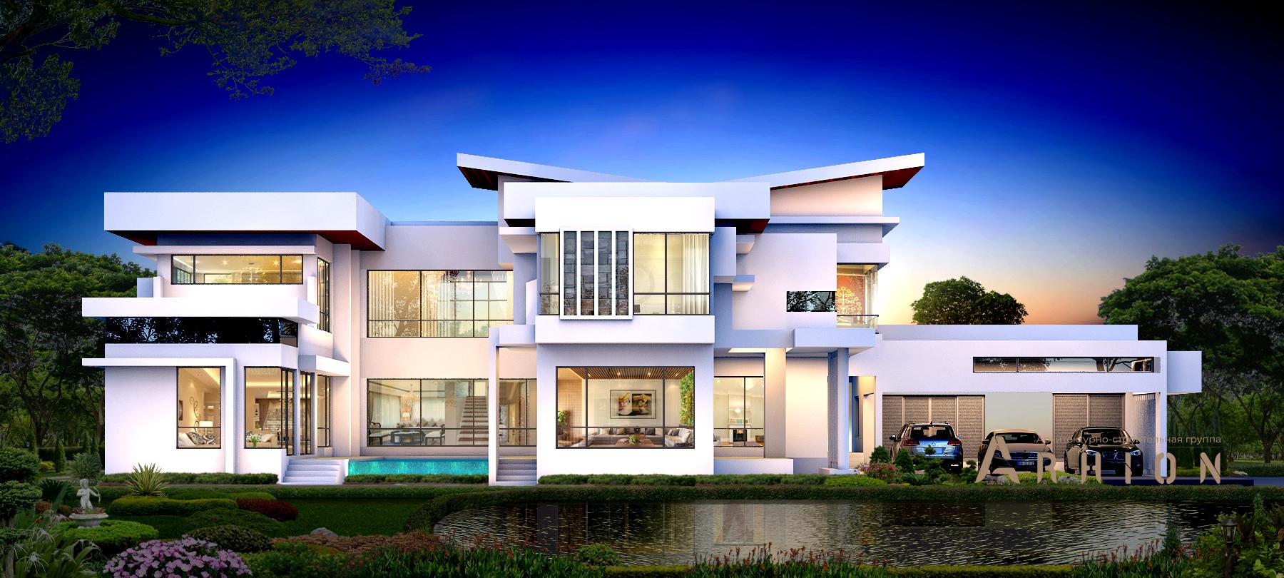 1. Проект двухэтажного дома в стиле хай-тек с плоской кровлей , v-1340, площадью - 983 кв c терассой, гаражом, бассейном