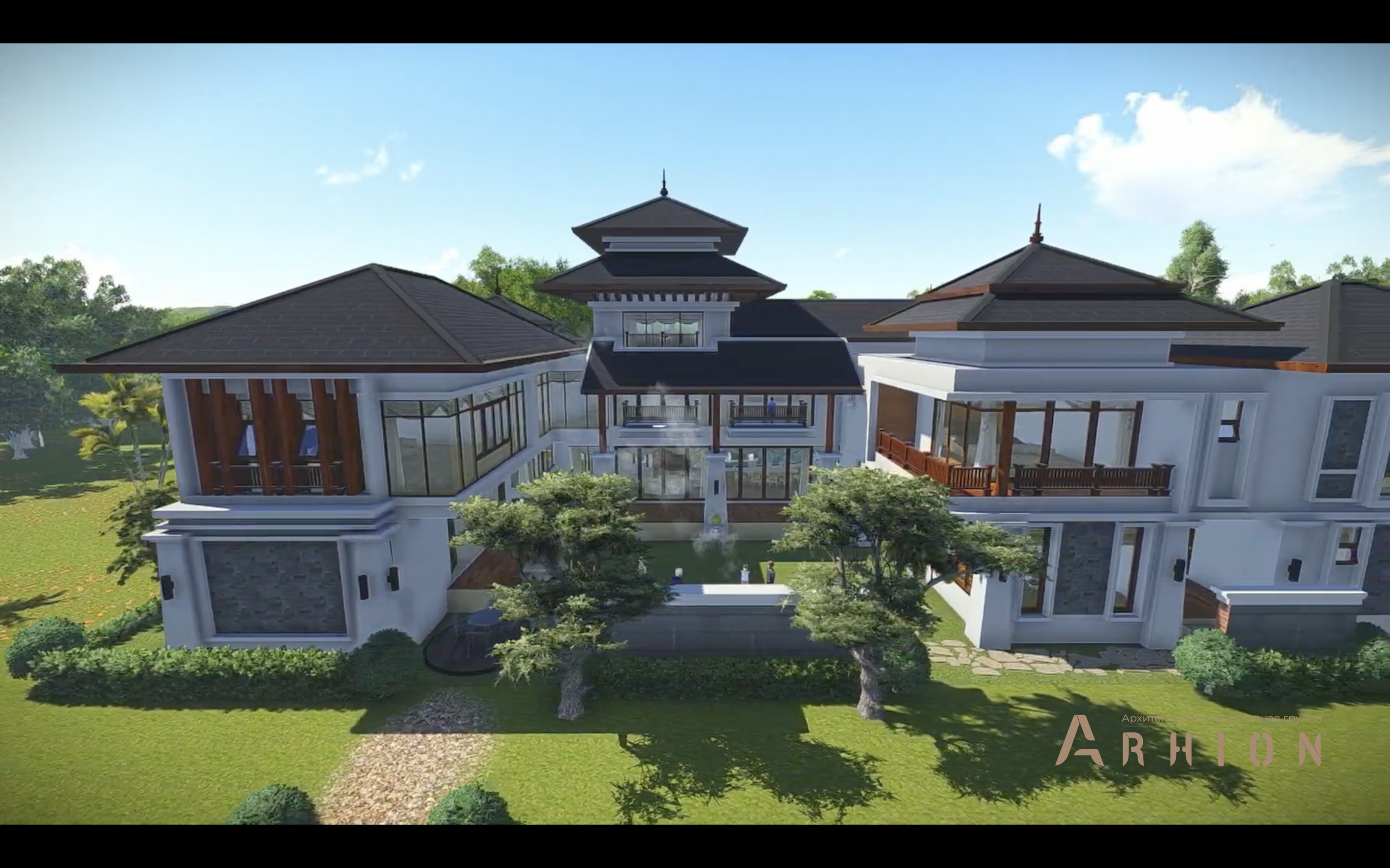 6. Проект двухэтажного дома в современном стиле с многоскатной кровлей, v-1350, площадью - 810 кв c терассой, балконом, гаражом, бассейном