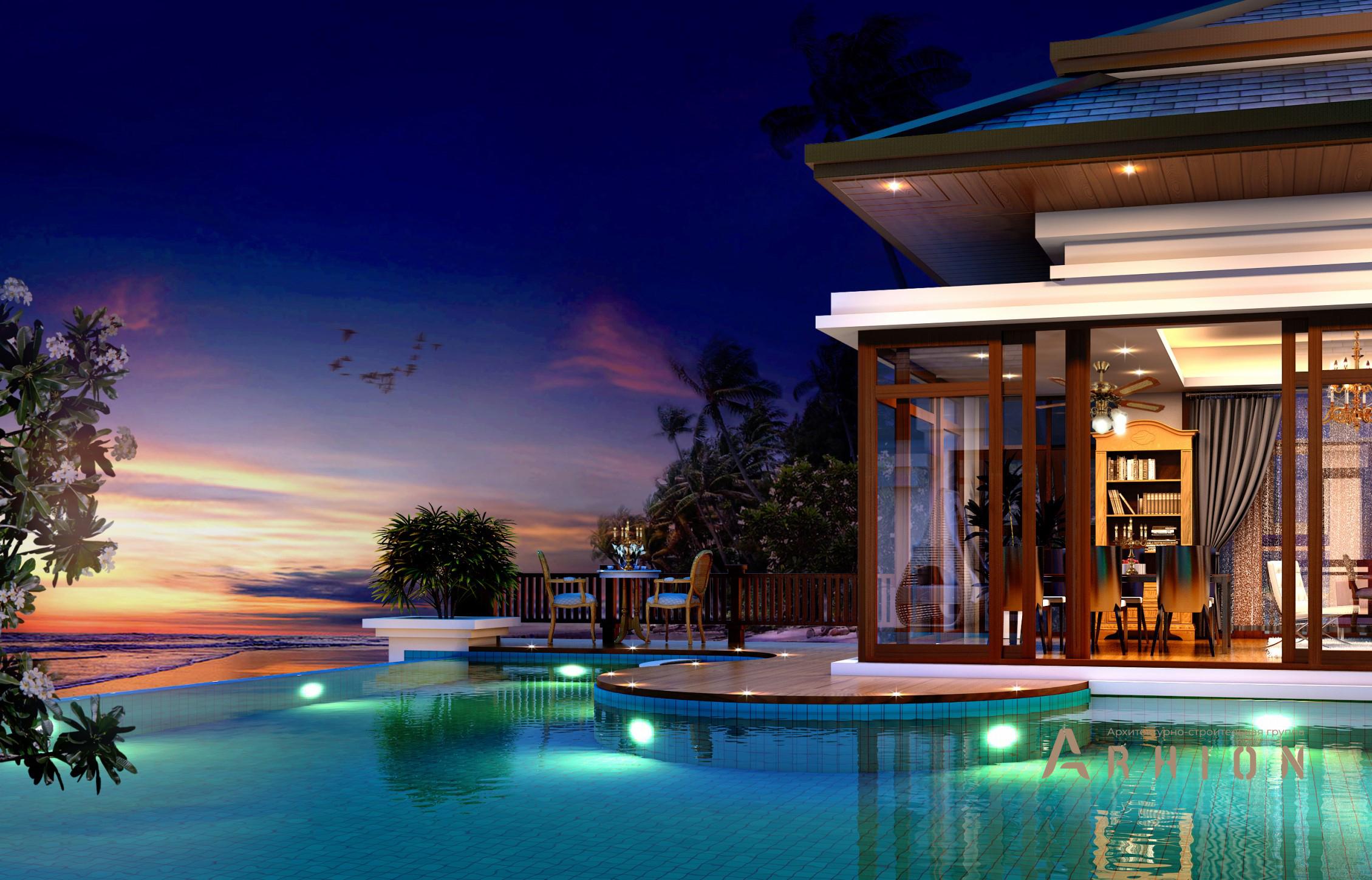 2. Проект двухэтажного дома в современном стиле с многоскатной кровлей, v-1350, площадью - 810 кв c терассой, балконом, гаражом, бассейном