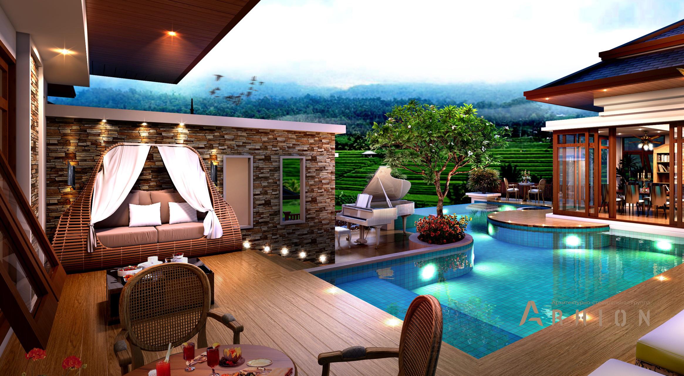 3. Проект двухэтажного дома в современном стиле с многоскатной кровлей, v-1350, площадью - 810 кв c терассой, балконом, гаражом, бассейном