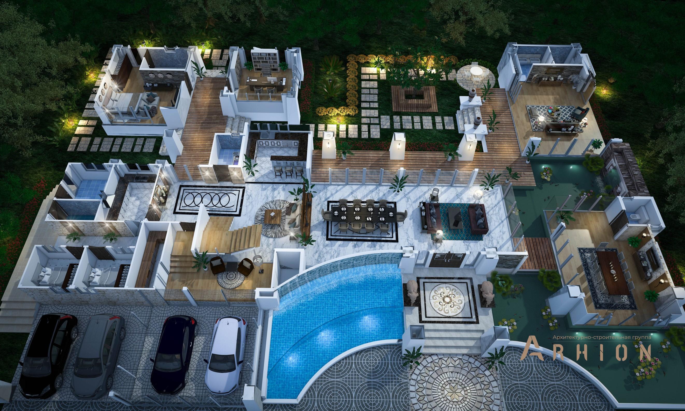 4. Проект двухэтажного дома в современном стиле с многоскатной кровлей, v-1350, площадью - 810 кв c терассой, балконом, гаражом, бассейном