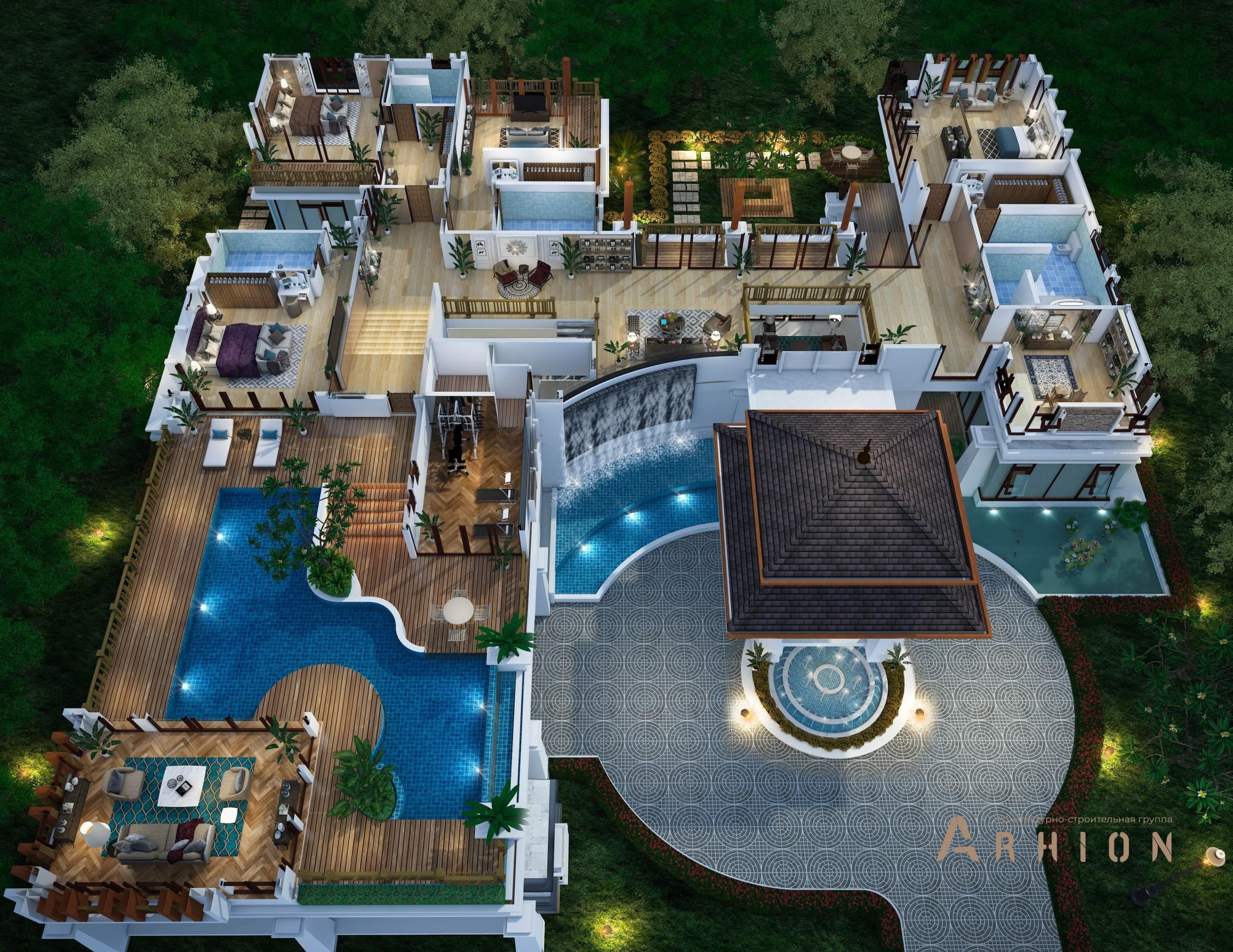 5. Проект двухэтажного дома в современном стиле с многоскатной кровлей, v-1350, площадью - 810 кв c терассой, балконом, гаражом, бассейном