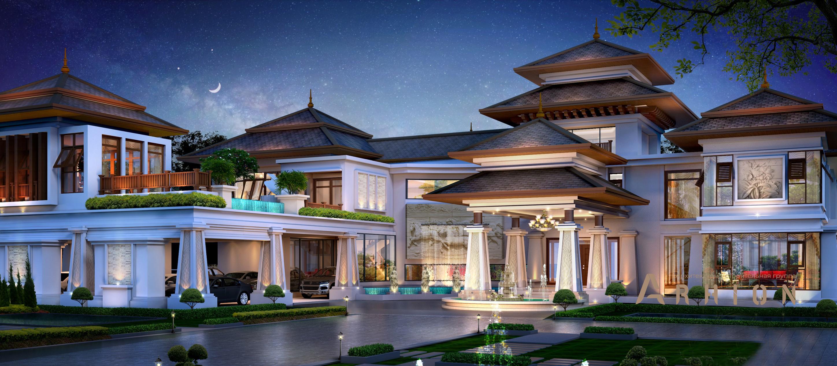 1. Проект двухэтажного дома в современном стиле с многоскатной кровлей, v-1350, площадью - 810 кв c терассой, балконом, гаражом, бассейном