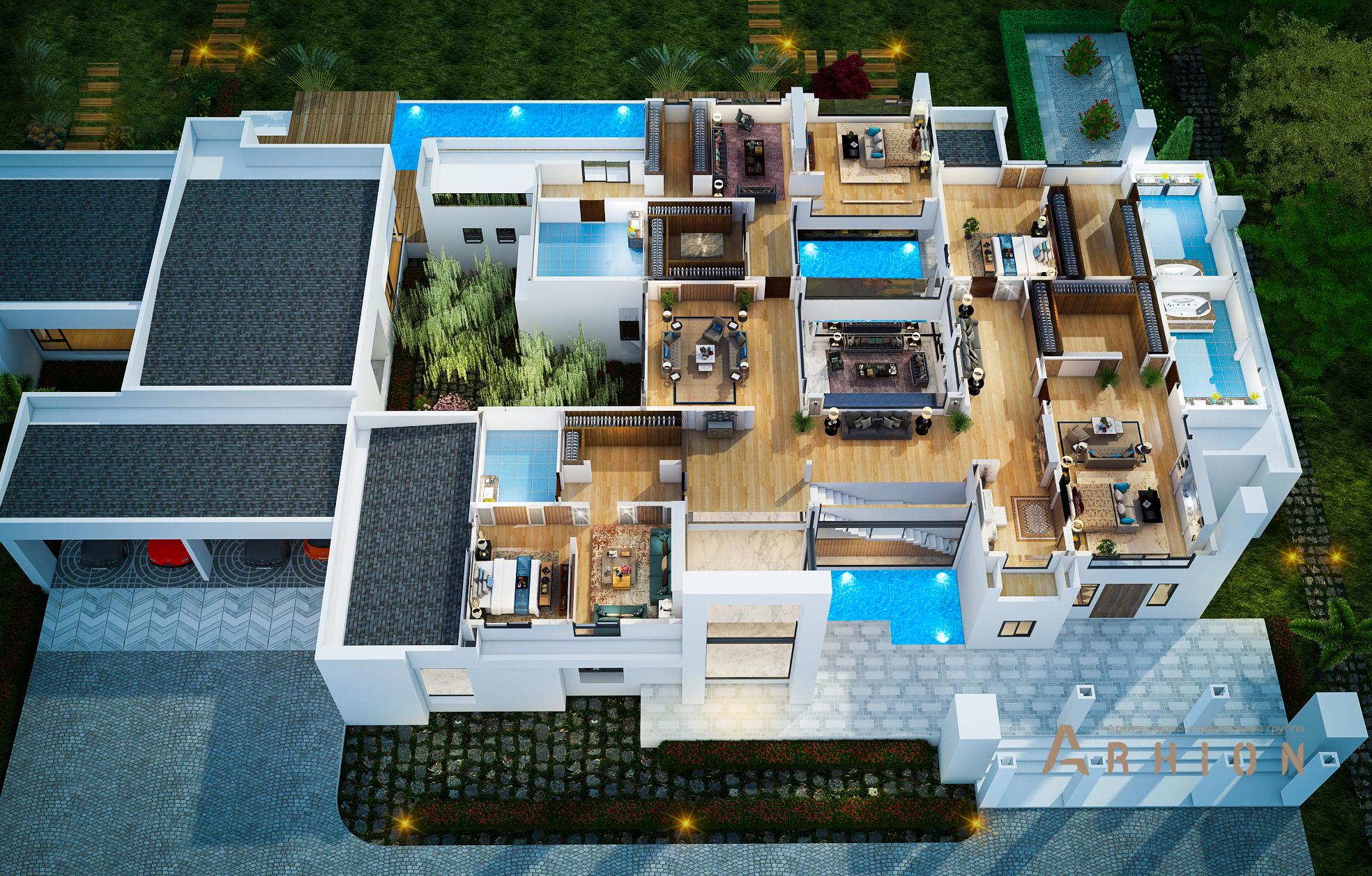 2. Проект двухэтажного дома в стиле хай-тек с плоской кровлей , v-1365, площадью - 1057 кв c терассой, балконом, гаражом, бассейном, вторым светом